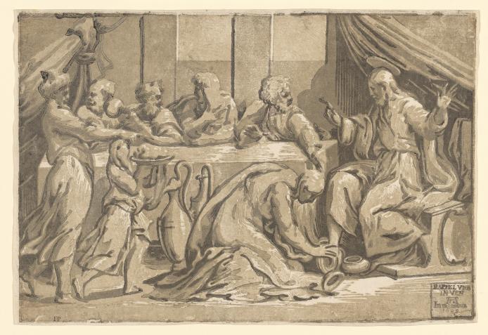 Cristo en casa de Simón el fariseo. Xilografía de Alessandro Gandini, hacia 1545–1565; impresión de Andrea Andreani, 1609. National Gallery of Victoria, Melbourne.