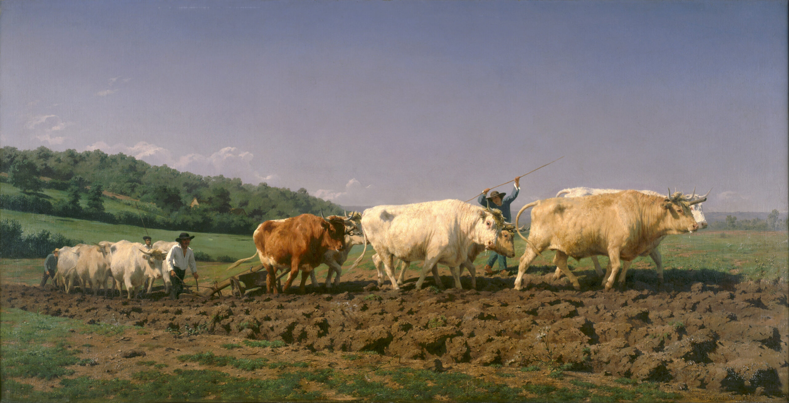 Dos yuntas de bueyes abren surcos mientras los labradores guían los arados. Rosa Bonheur, 1849.
