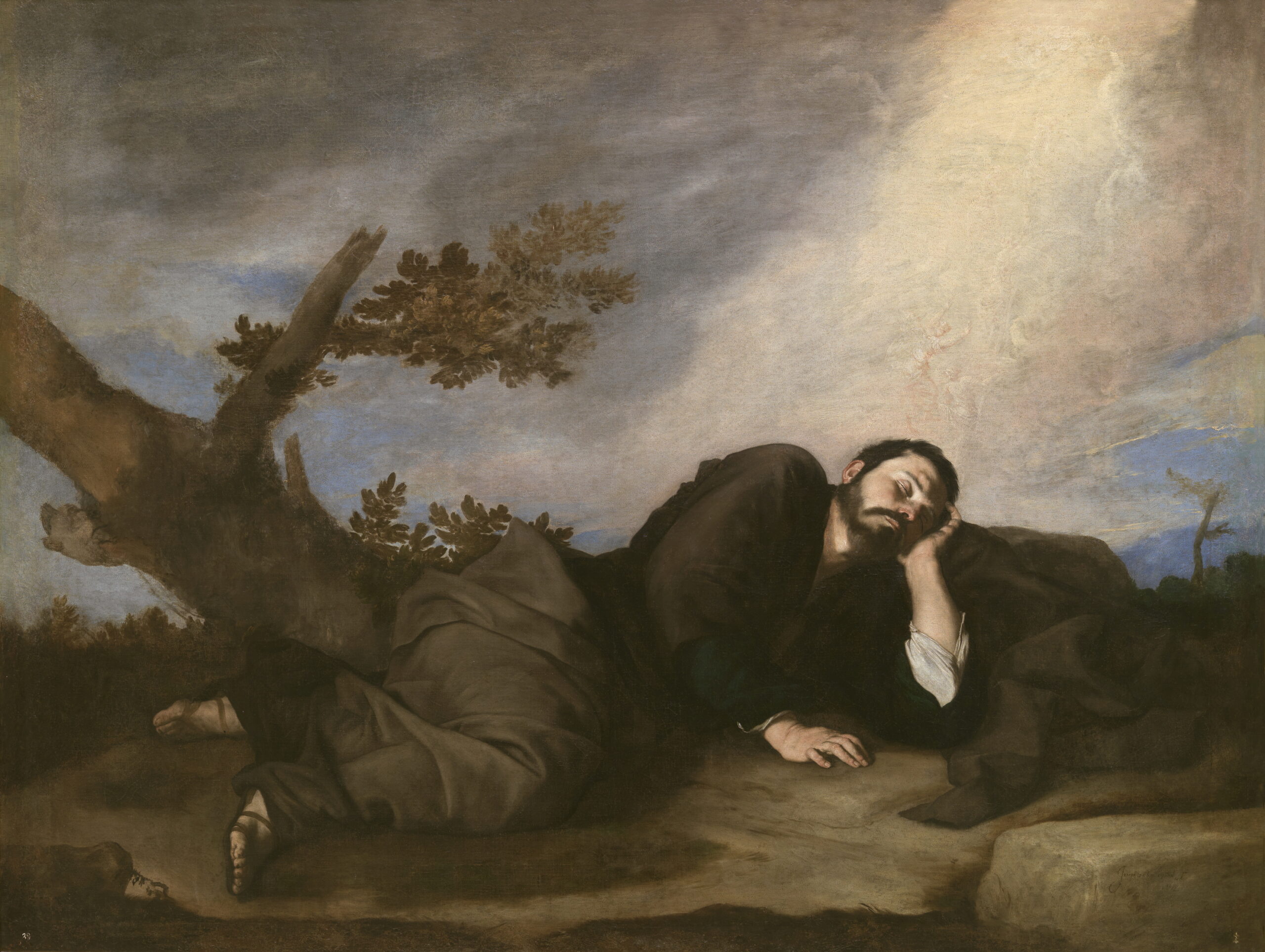 José de Ribera, El sueño de Jacob: el patriarca duerme junto a un árbol bajo la luz que sugiere la escala de los ángeles.