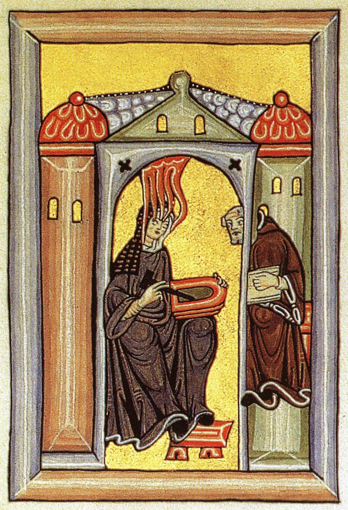 Miniatura del Liber Scivias que representa a Hildegarda de Bingen recibiendo una inspiración y comunicándola a su escriba.