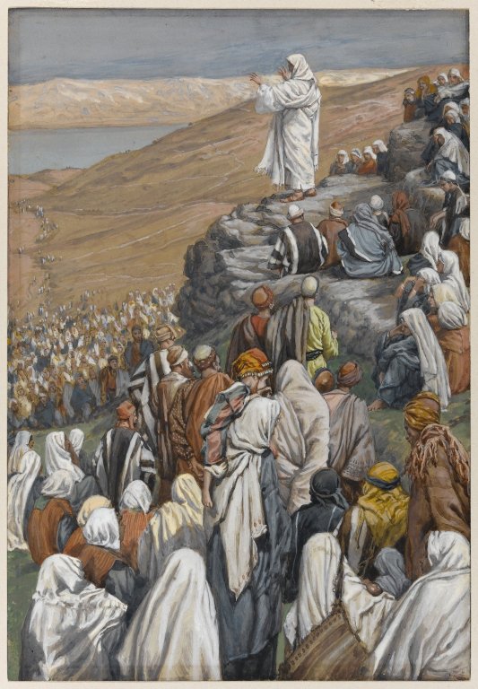 Jesús vestido de blanco enseña a una multitud reunida sobre un terreno rocoso. Acuarela de James Tissot.
