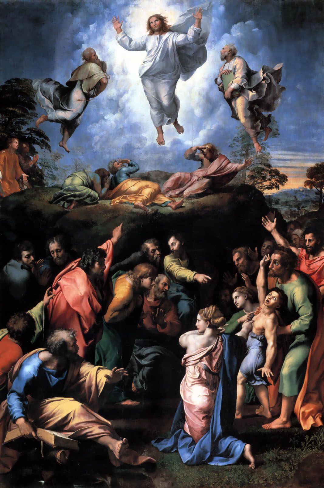 La Transfiguración de Rafael: Cristo en la luz sobre los discípulos y el niño afligido abajo
