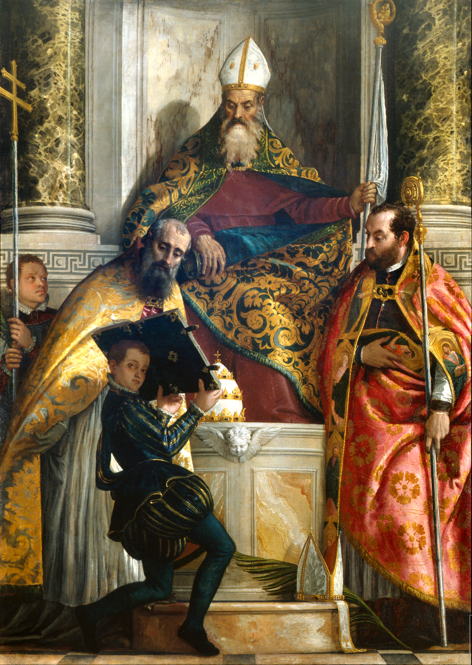 Retablo de Paolo Veronese, con figuras de santos, vestiduras doradas y arquitectura de mármol; Pinacoteca di Brera.