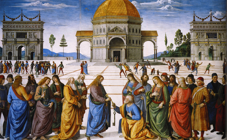 Cristo entrega las llaves a Pedro arrodillado, fresco de Pietro Perugino en la Capilla Sixtina