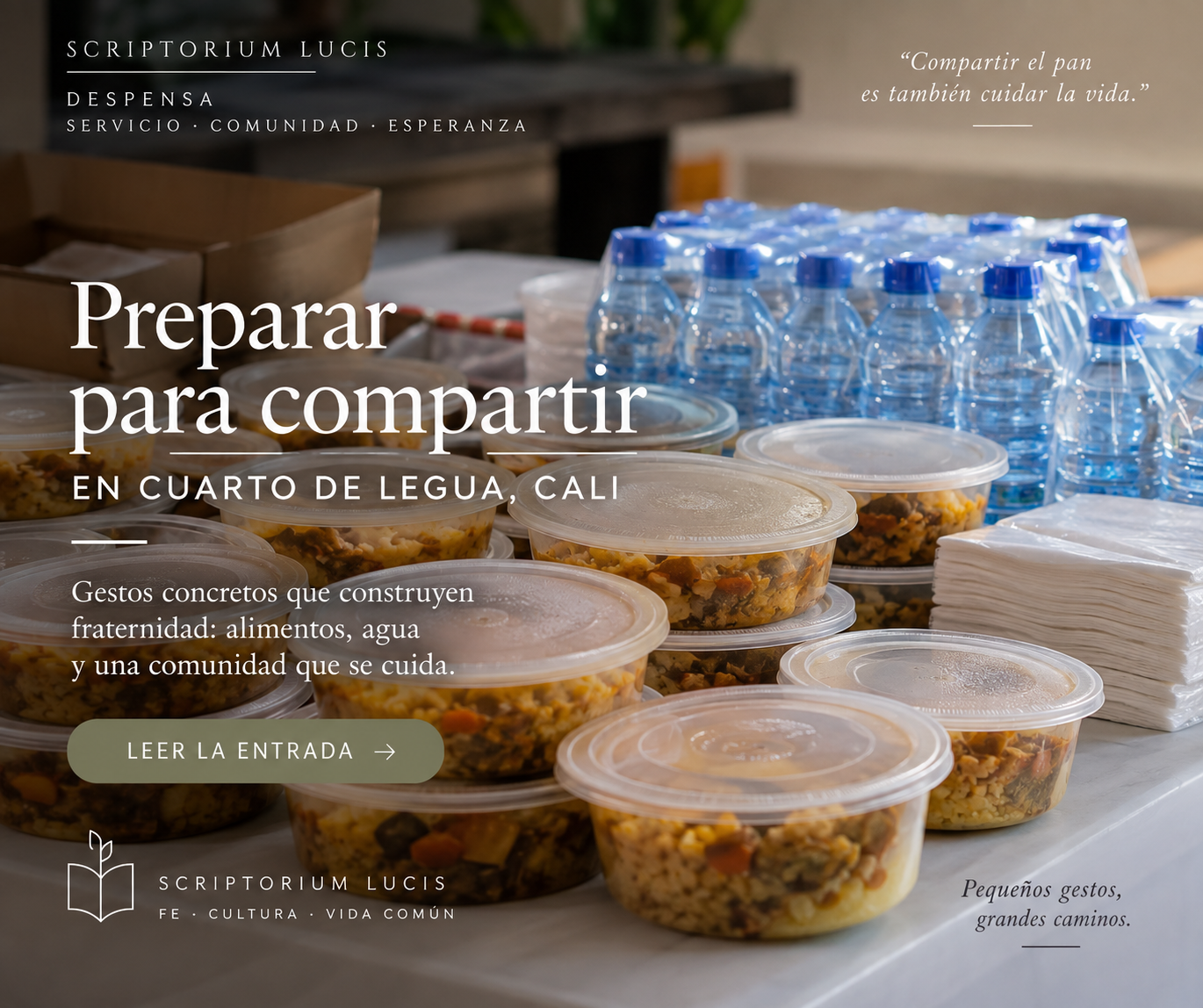 Ilustración de recipientes con alimentos preparados, botellas de agua y servilletas, sin personas. Preparar para compartir en Cuarto de Legua, Cali.