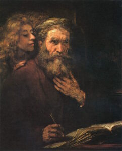 San Mateo escribe acompañado por un ángel, pintura de Rembrandt