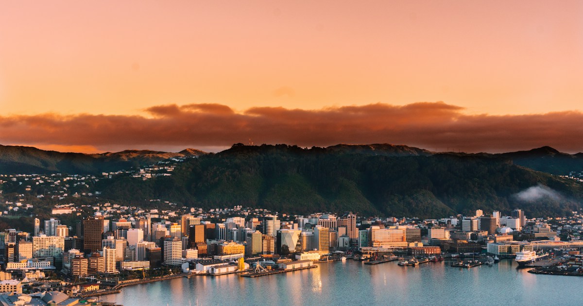 Vista de Wellington, Nueva Zelanda, al amanecer; fotografía de contexto.