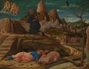 Cristo ora sobre una roca mientras tres discípulos duermen; Andrea Mantegna, hacia 1455–1456.