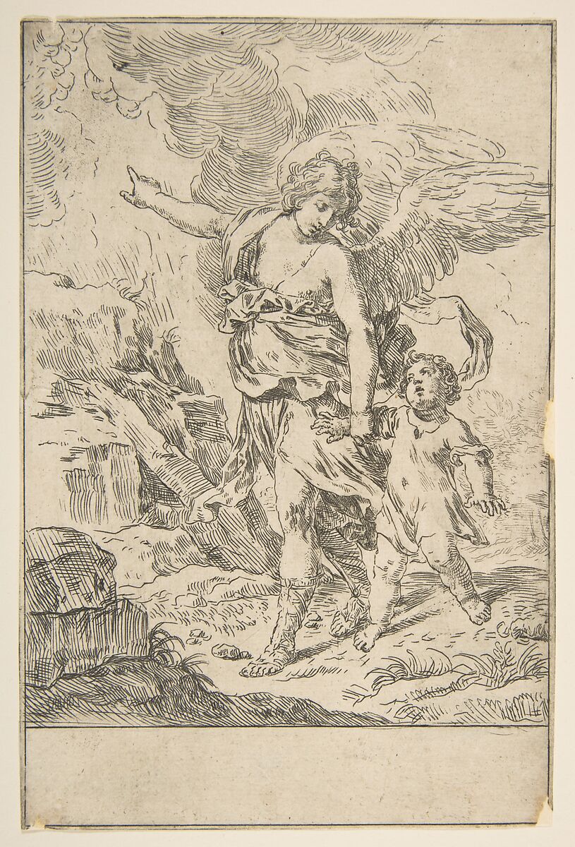 Un ángel custodio camina junto a un niño y lo guía de la mano, aguafuerte de Simone Cantarini hacia 1640.