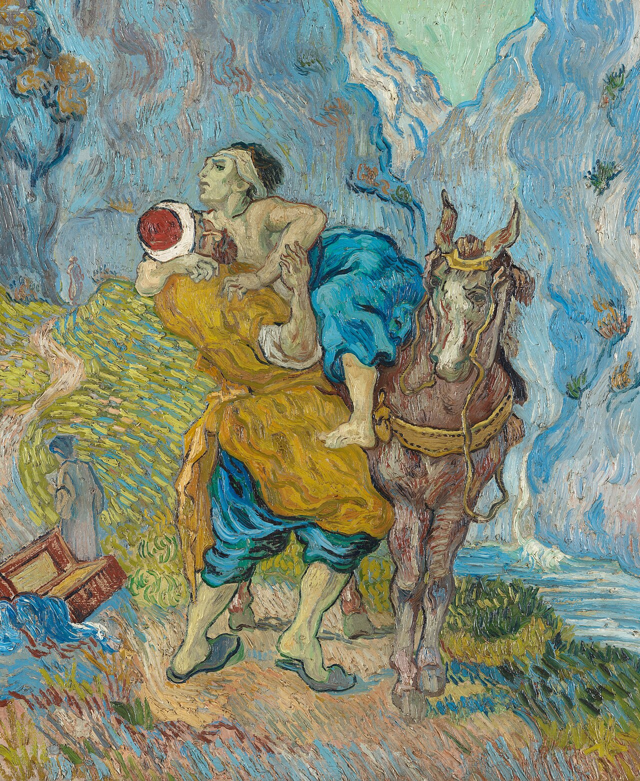 El samaritano levanta al herido hacia su cabalgadura, en la pintura de Van Gogh de 1890.