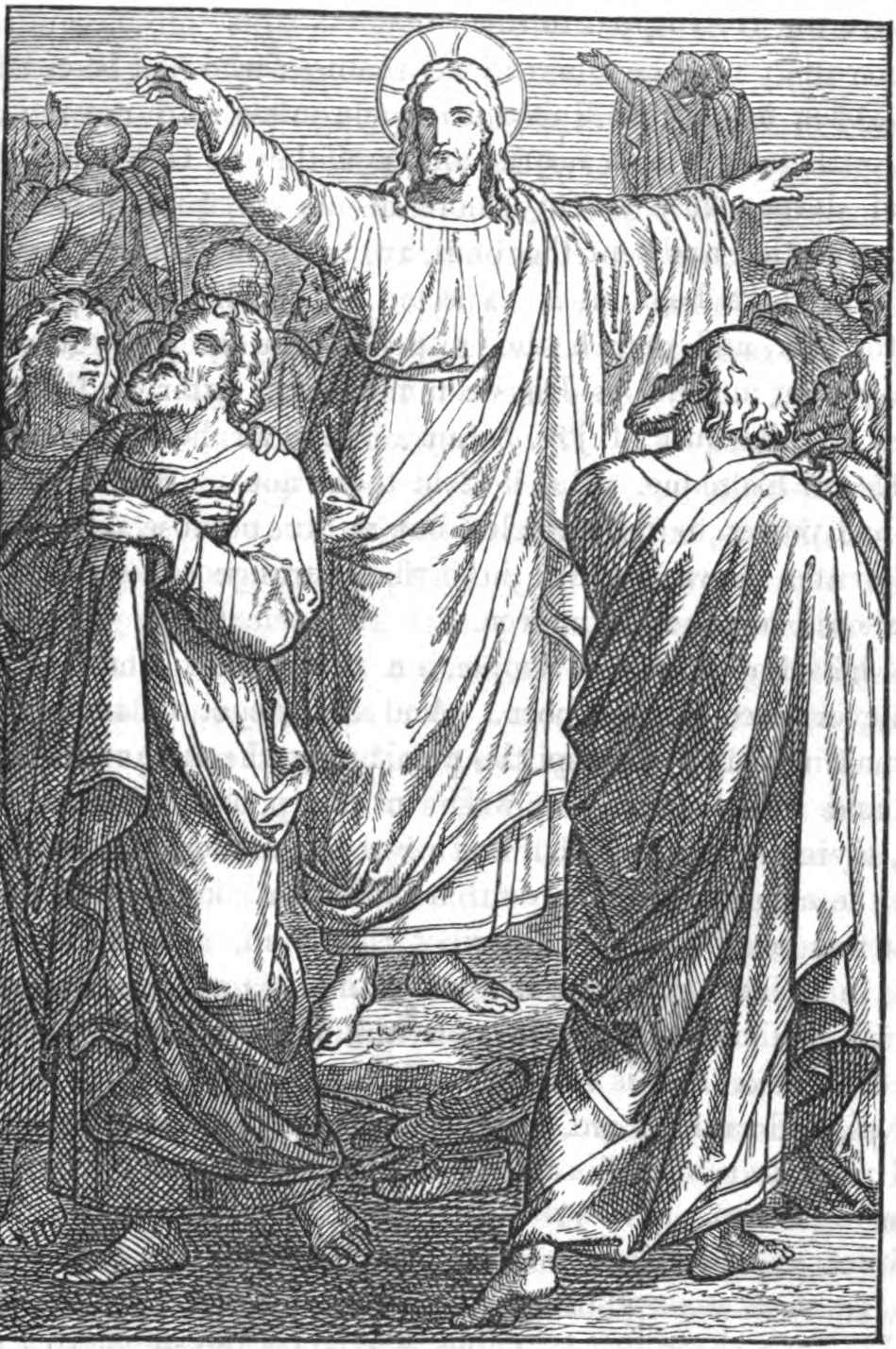 Jesús, de pie, envía a un grupo de discípulos reunidos ante él; grabado bíblico publicado en 1873.