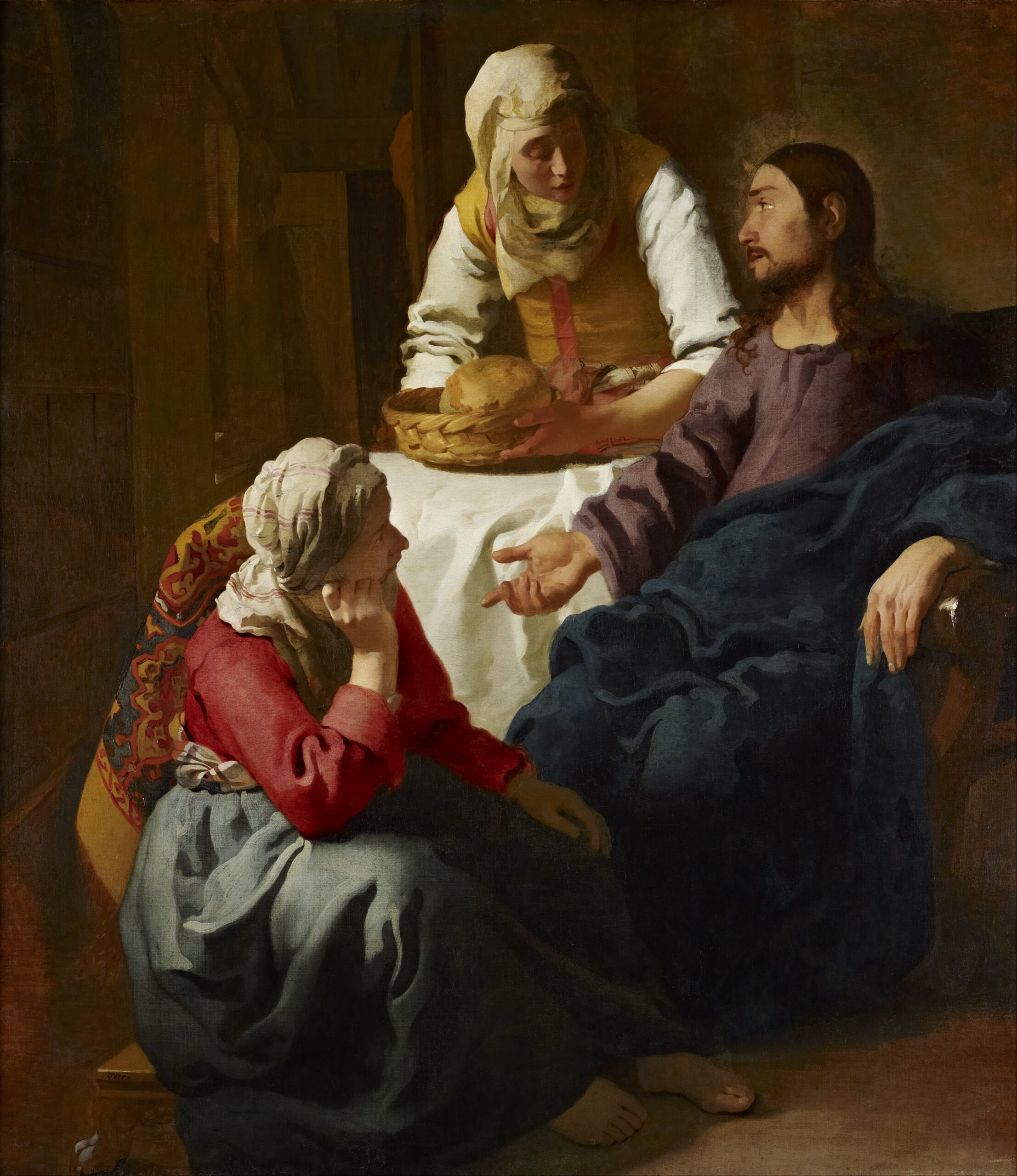 Jesús conversa con María, sentada a sus pies, mientras Marta ofrece pan; Johannes Vermeer, hacia 1654–1655.