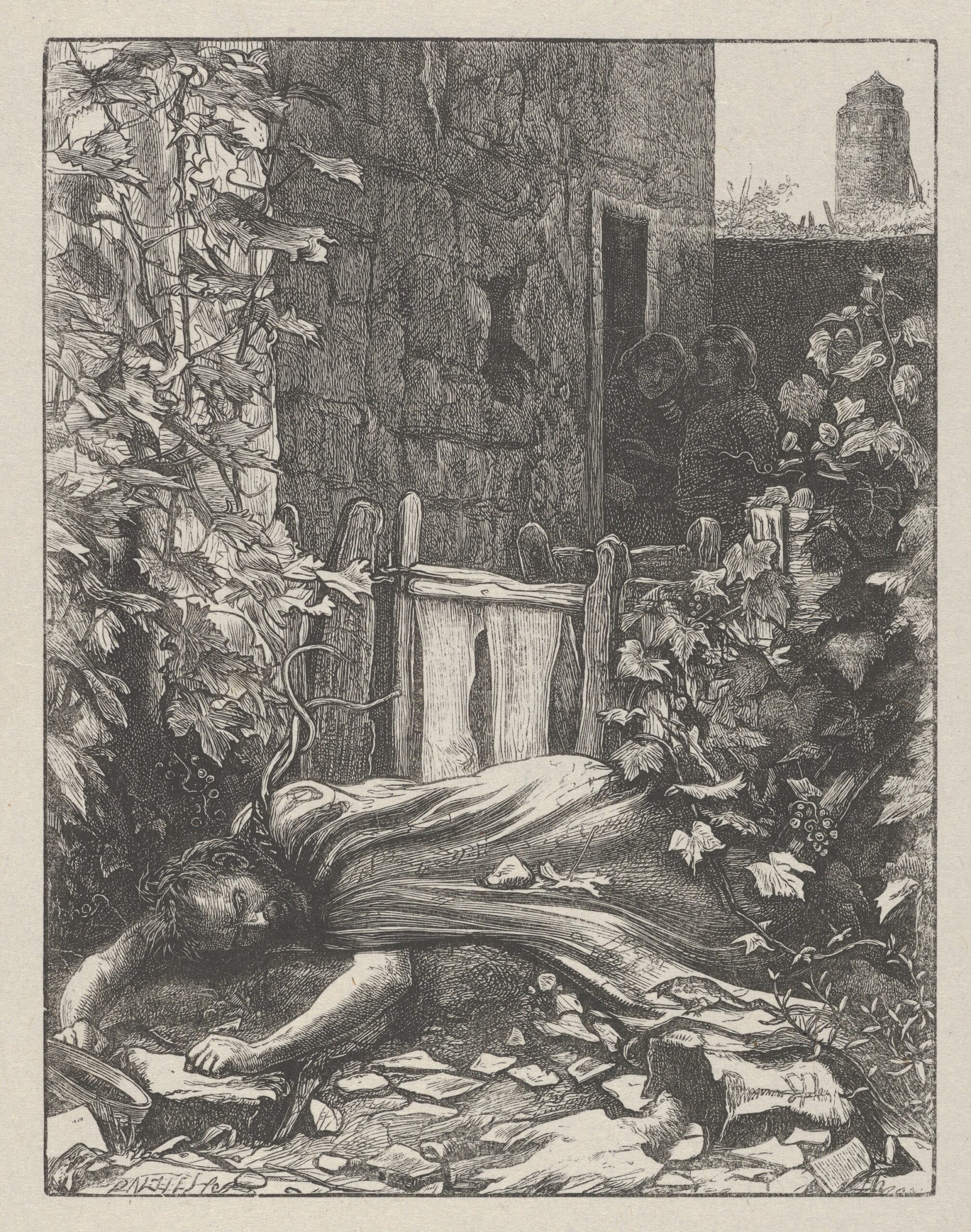 Los viñadores homicidas, grabado de Dalziel Brothers según John Everett Millais, 1864.