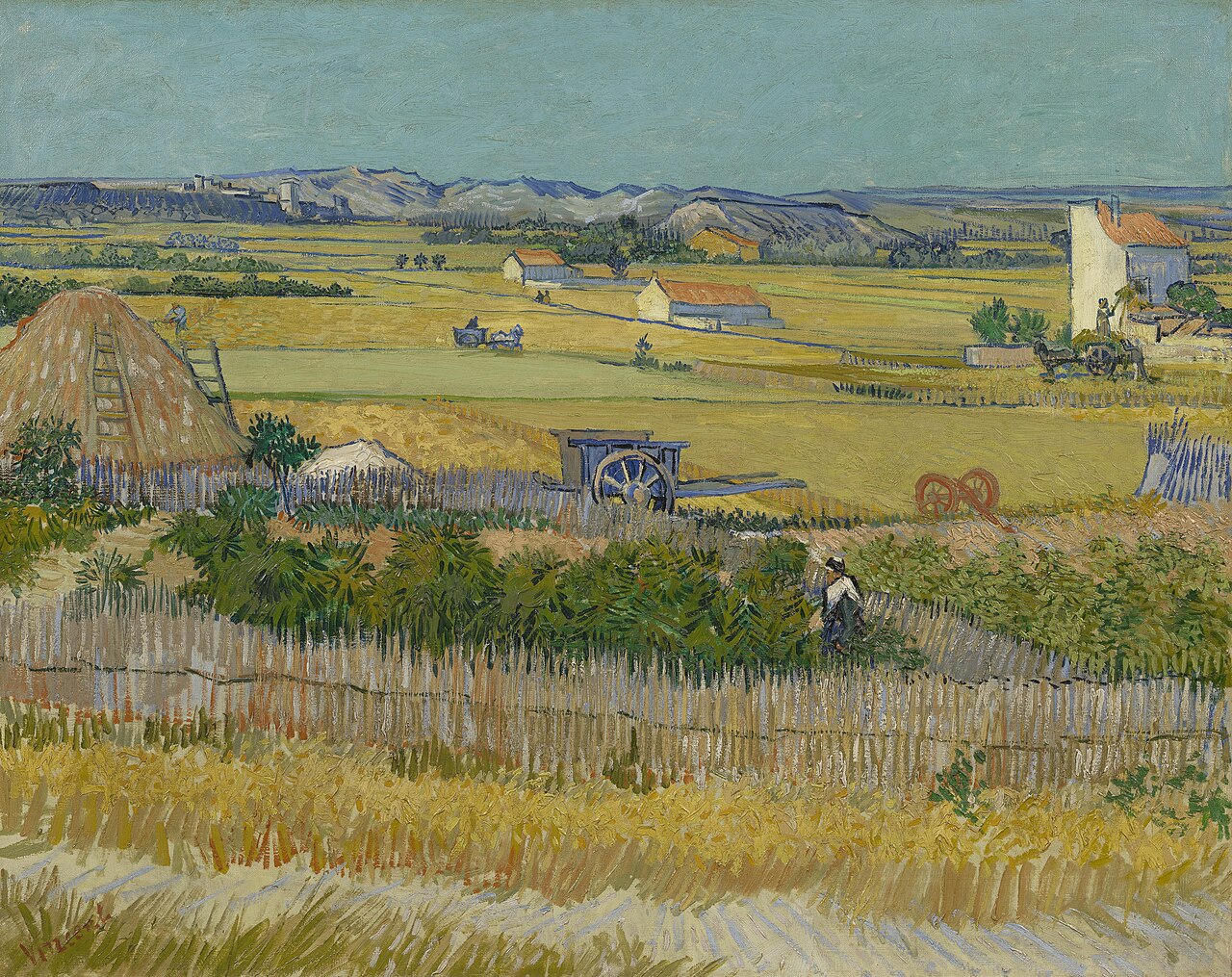 Campos de trigo, trabajadores y carros bajo un cielo azul, en La cosecha de Vincent van Gogh, 1888.